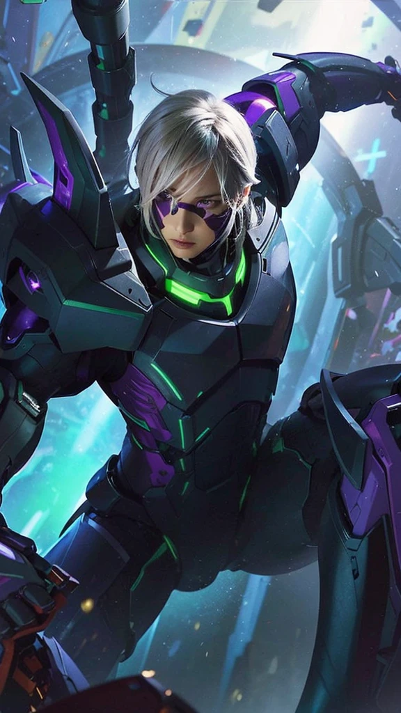 The image shows a character in a futuristic suit, with a mix of purple and black colors, surrounded by a light purple glow,Realistic.
