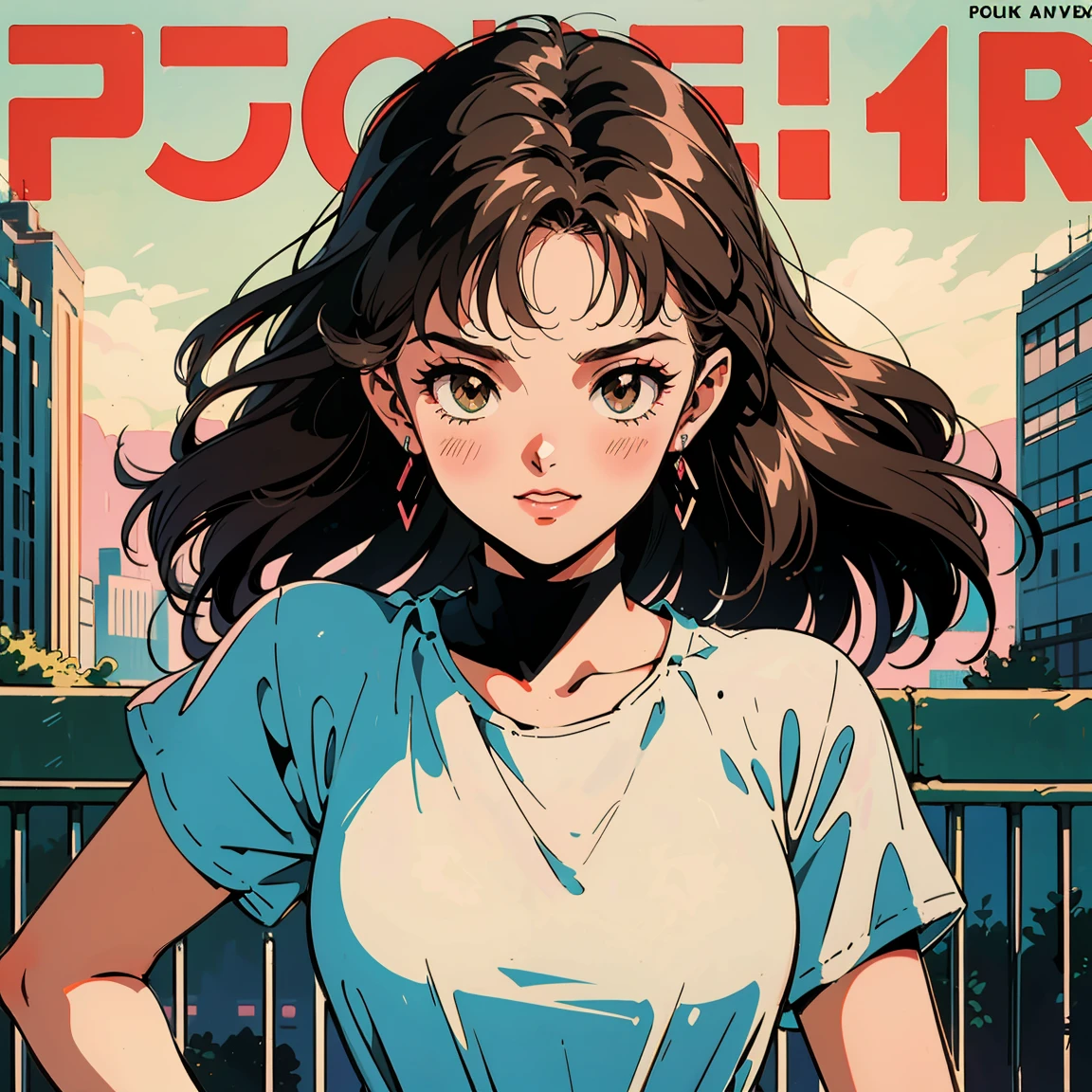 Best image quality, 1980s style animation, 21 year old girl, long hair, light brown eyes,  short sleeves, magazine cover, whole body , city , evening in the park, posing, retro, sexy eyes, summer