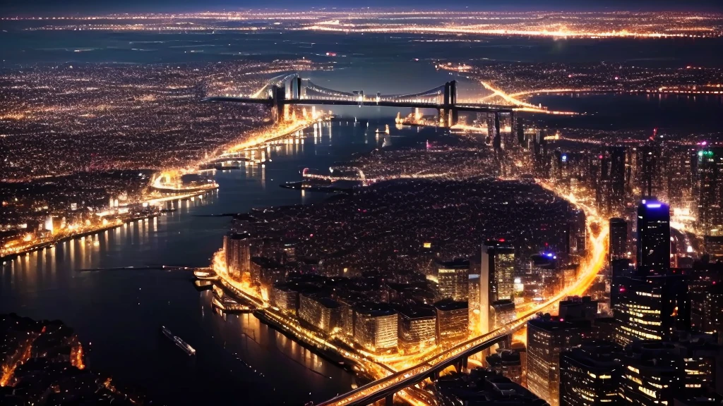 arafed view of a City of night with a bridge and a river, City of nightのVFXパワー, City of nightの背景, City of nightの背景, Drone shot of a city, Long Exposure 8k, Beautiful city of the future, Beautiful cityscape, City of night, 背景のCity of night