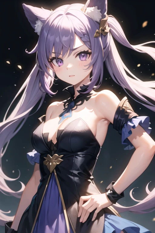 girl with long lavender hair, purple eyes, fox ears, and three crystal markings on her forehead