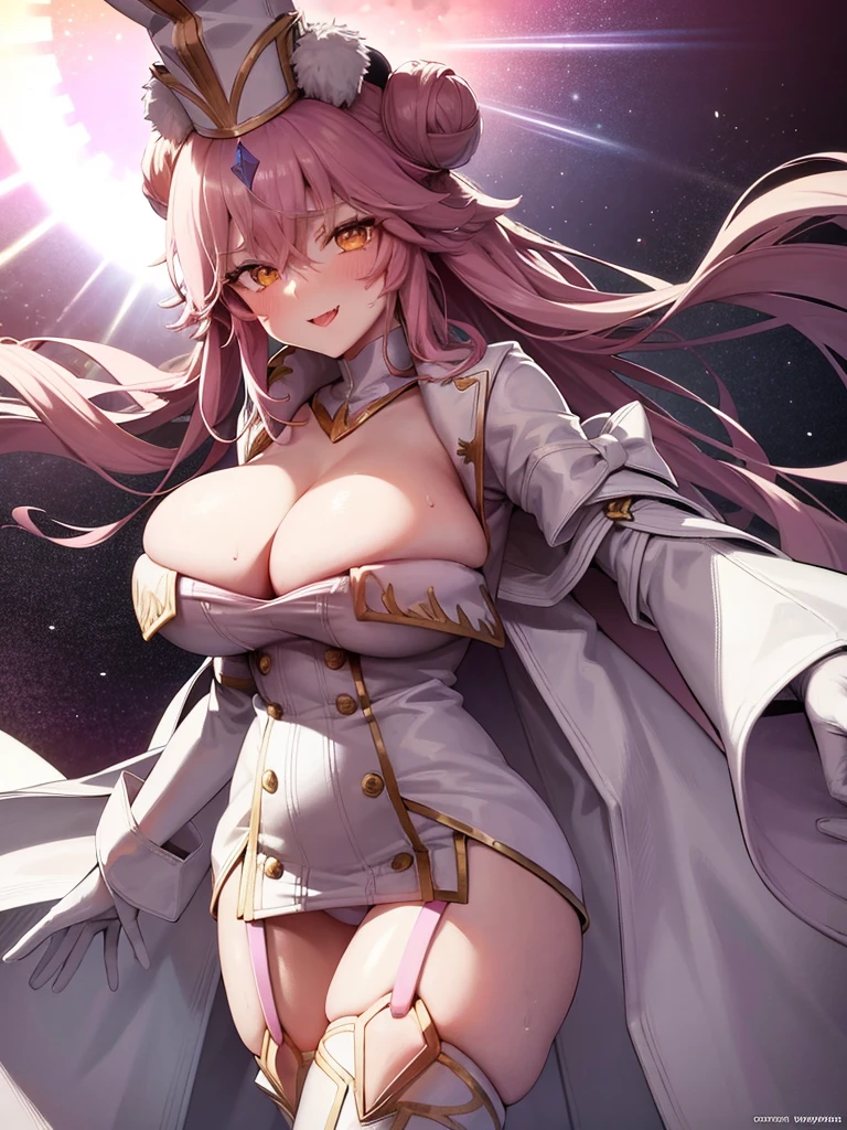 (masterpiece),(Highest quality),(Super detailed),(Best illustrations),(Best Shadow),(Absurd),(Detailed Background),(so beautiful), 16K,(Highest quality), 8K,(Best illustrations),(Best Shadow), (so beautiful)Koyanskaya, One girl, alone, Big Breasts, Long Hair, , , Hair between the eyes, , , empty eyes, blank eyes, , , , wrist cuffs, sweat, Dramatic lighting, psychedelic, Pleated skirt, colorful, , orgasm, afterglow, erotic smile, pussy, crimson lip, Beautiful nipples, bunny suit, , , Sexy posture, dynamic pose, , cross-eyed, rolling eyes, , garter belt, dark church background, , One devil tail, A lot of sweat glistens all over the body, , stained glass, , saliva trail, full-face blush, Detailed super oily shiny skin, , , orgasm, , , arched back, , torogao, ahegao, , pink neon, BREAK, (Slime-dripping costume:0.7), Oculogyric crisis, night, Heart-shaped pupils, (White suit:1.5), bbkoyans, long hair, double bun, fox ears, hat, white headwear, cleavage, large breasts, white dress, white coat, open coat, long sleeves, pink gloves, buttons, white thighhighs, garter straps