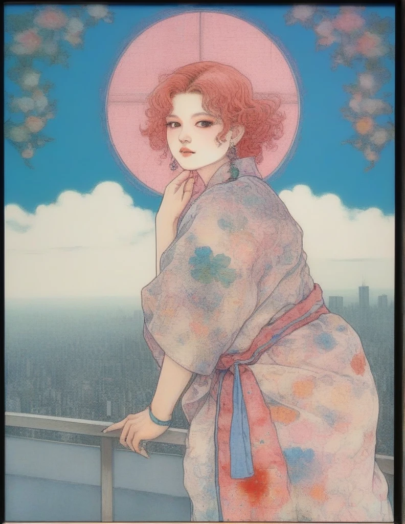 Photo of a  arlwntr  in Tokyo in the 80s, pastel, tin contour, watercolor, flat, paint strokes, colorful patterns, by yoshitaka amano, by Takato Yamamoto