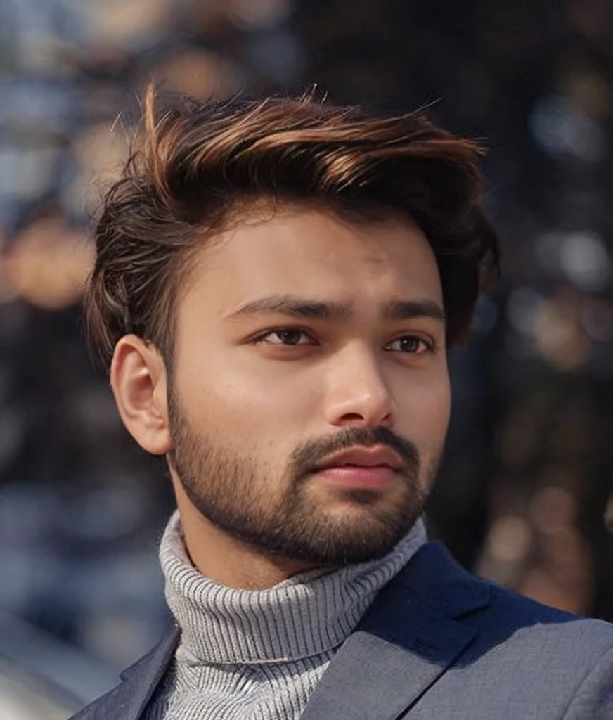 A beautiful young bearded man with highly detailed skin.black hair.happy emotion