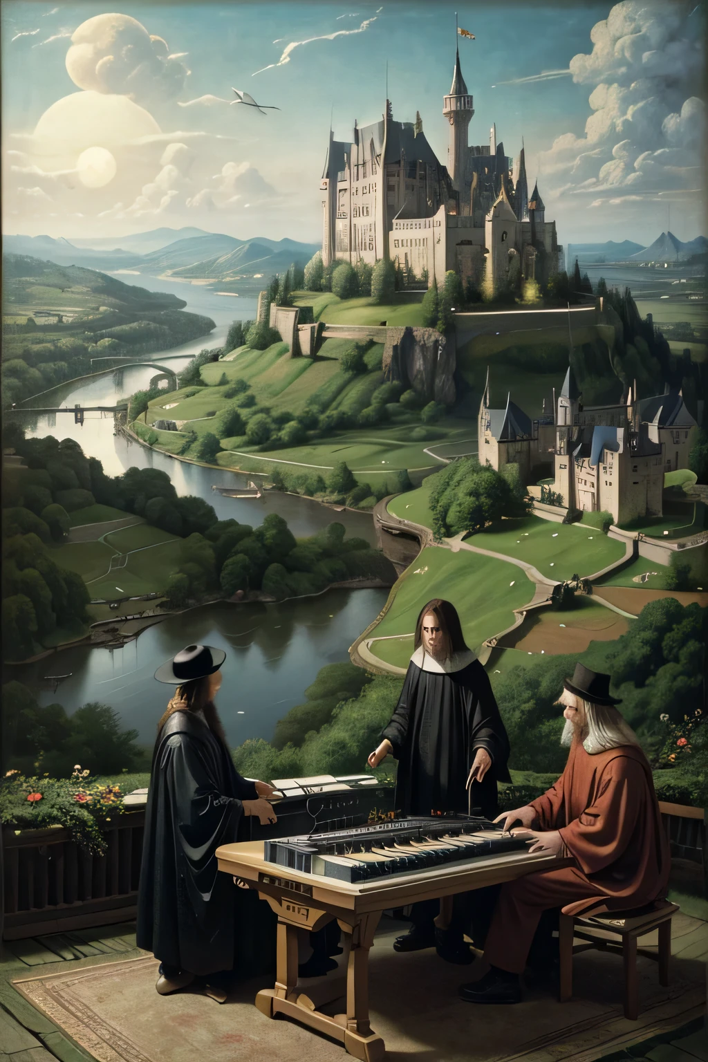 painting of three men playing a moog modular synthesizer conected to a minicomputer, three men playing analog synth with only one castle in the background, hieronymus bosch style, masterpiece