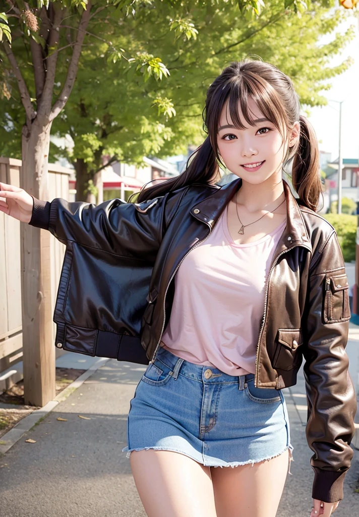 (Highest quality,masterpiece:1.3,Ultra-high resolution),(Very detailed、Caustics) (Realistic:1.4, RAW shooting、)Ultra-Realistic Capture、Very detailed、Natural skin texture、masterpiece、(Japanese woman wearing a pale pink T-shirt, Mini jean skirt and dark brown jacket:1.3), Adorable expression、Expressions of happiness、14 years old、height: 160cm、Young Face、Amazingly cute、Twin tails、Straight hair、Scrunchie、Black Hair、light makeup、necklace、H-cup busty、Shining thighs、Background details、smile、An inviting gaze、Anatomically correct、Cowboy Shot、Attention to detail、Photographed on the main street of a summer resort、karate、Short leather jacket、Riding on motorcycle