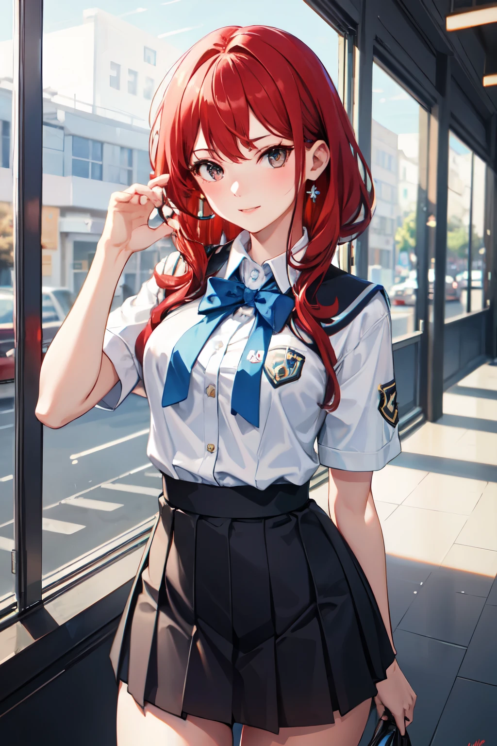 ((Highest quality)), ((masterpiece)), (detailed), high school girl,Beauty,On the way home from school,Naughty uniform,Red hair,