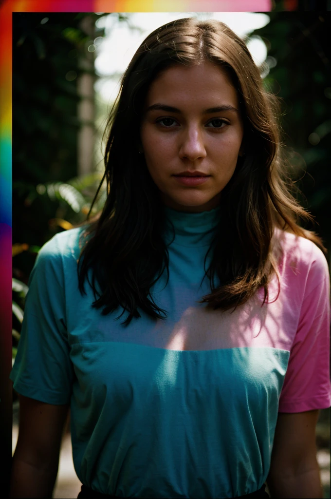 Psychedelic Color slide projected over a [27 yo American woman], [dark Jungian psychological imagery], [key lighting], [f1.8 50mm lens medium format camera], in the style of [Vogue],[post-processing: .25 unsharp mask, S curve, dodge and burn, mid-level contrast, dark edge vignette]