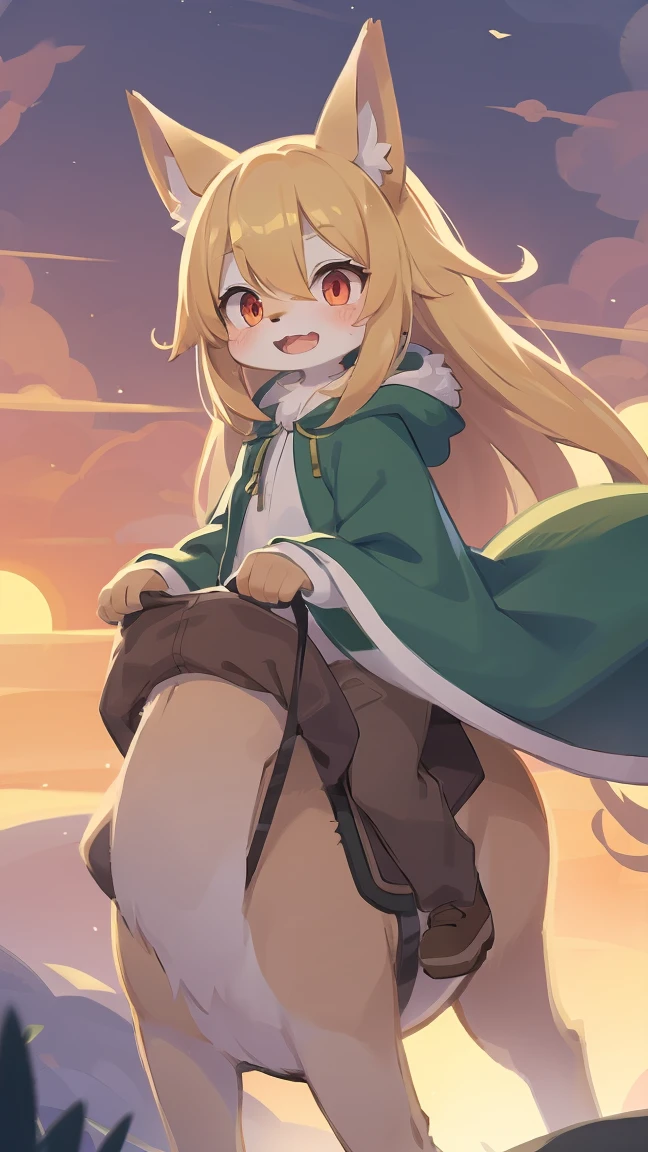 loli the fox, , was hairy, shaggy, skin fur, smooth lashes, golden fur, forelimb hands, straight long blonde hair, solid circle eyes, golden ears, golden fur, golden facial fur, shiny hair, red eyes, super cute face, 1fox tail, fluffy tail, furry tail, glowing eyes, green coat green hood down, brown trousers, riding horse, open mouth, embarrassed, ambient light, ultra-fine fur, dashed eyes, full body, masterpiece, high quality, high-details, best quality, wide short, (((solo))), twilight, sun light, red sky, rim light