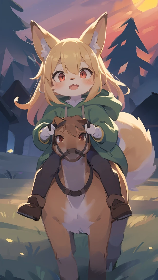 loli the fox, , was hairy, shaggy, skin fur, smooth lashes, golden fur, forelimb hands, straight long blonde hair, solid circle eyes, golden ears, golden fur, golden facial fur, shiny hair, red eyes, super cute face, 1fox tail, fluffy tail, furry tail, glowing eyes, green coat green hood down, brown trousers, riding horse, open mouth, embarrassed, ambient light, ultra-fine fur, dashed eyes, full body, masterpiece, high quality, high-details, best quality, wide short, (((solo))), twilight, sun light, red sky, rim light