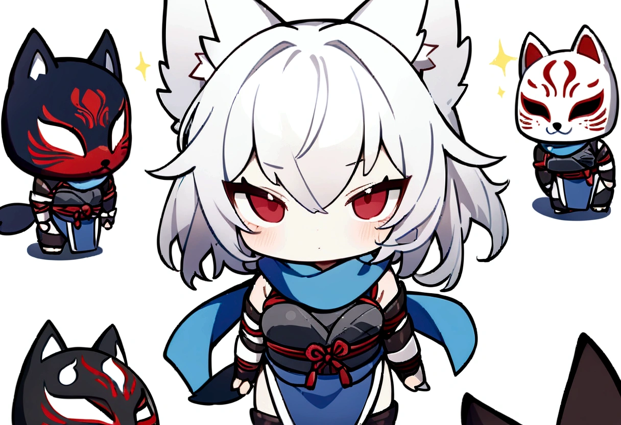chibi,No sleeve、Bleaching、(masterpiece, best quality:1.2), 1girl, 独奏,Wolf girl, fox mask, ninja, girl, white hair, odd eyes, blue kimono, ninja girl, red and blue scarf,Chibi Character、White background, fantastic atmosphere.White background、、Black fox mask、Fisheye Lens、hair、Bandage on chest、boy、Black fox mask、Blue bondage breastplate
