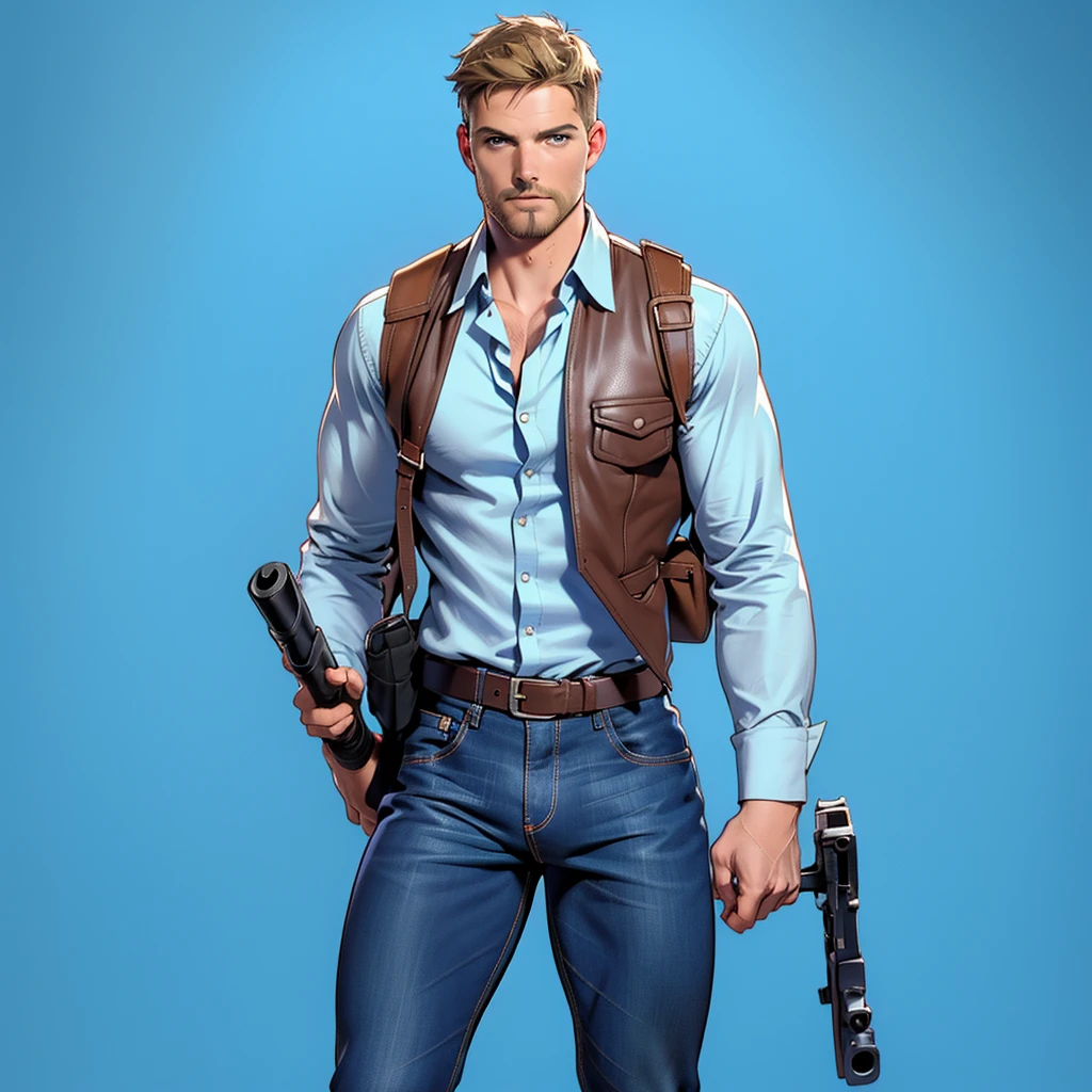1 man, male focus solo, middle aged man,Stephen AMELL as private investigator,  lean muscle,very  light blue shirt, brown leather shoulder holster, faded vintage blue jeans with bulge, full body shot, dark blond  short hair, facial hair, holding a gun with two hands, (gun:1.2), ultra high quality, masterpiece, low camera angle, intense splashed blue and white paint in the blackground