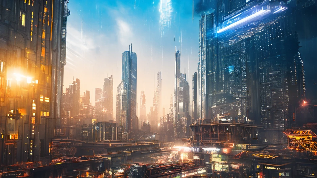 a cyberpunk city, neon lights, skyscrapers, futuristic architecture, advanced technology, glowing holograms, rainy night, dark atmosphere, moody lighting, detailed cityscape, intricate details, vibrant colors, cinematic composition, dramatic shadows, retrofuturistic style, advanced infrastructure, advanced transportation, flying cars, neon signs, holographic advertisements, AI-powered systems, dystopian society, gritty urban environment, industrial elements, mechanical structures, steampunk influences, (best quality,4k,8k,highres,masterpiece:1.2),ultra-detailed,(realistic,photorealistic,photo-realistic:1.37)