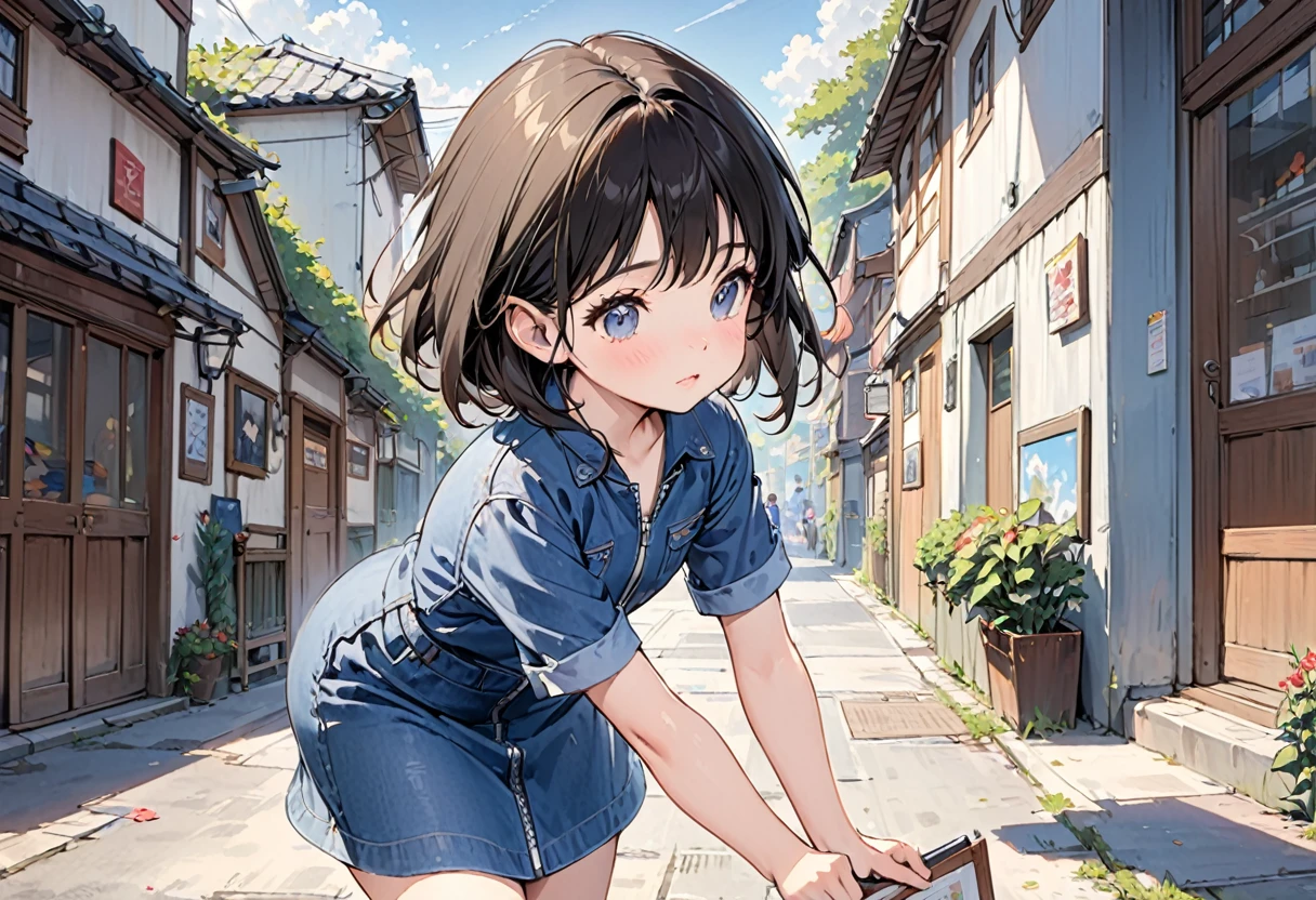 (child),(masterpiece,Highest Quality),(denim zip up dress:1.4),pencil skirts,shortsleeves,A dark-haired