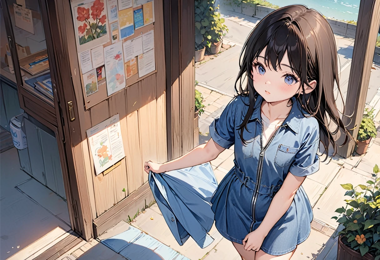 (child),(masterpiece,Highest Quality),(denim zip up dress:1.4),pencil skirts,shortsleeves,A dark-haired