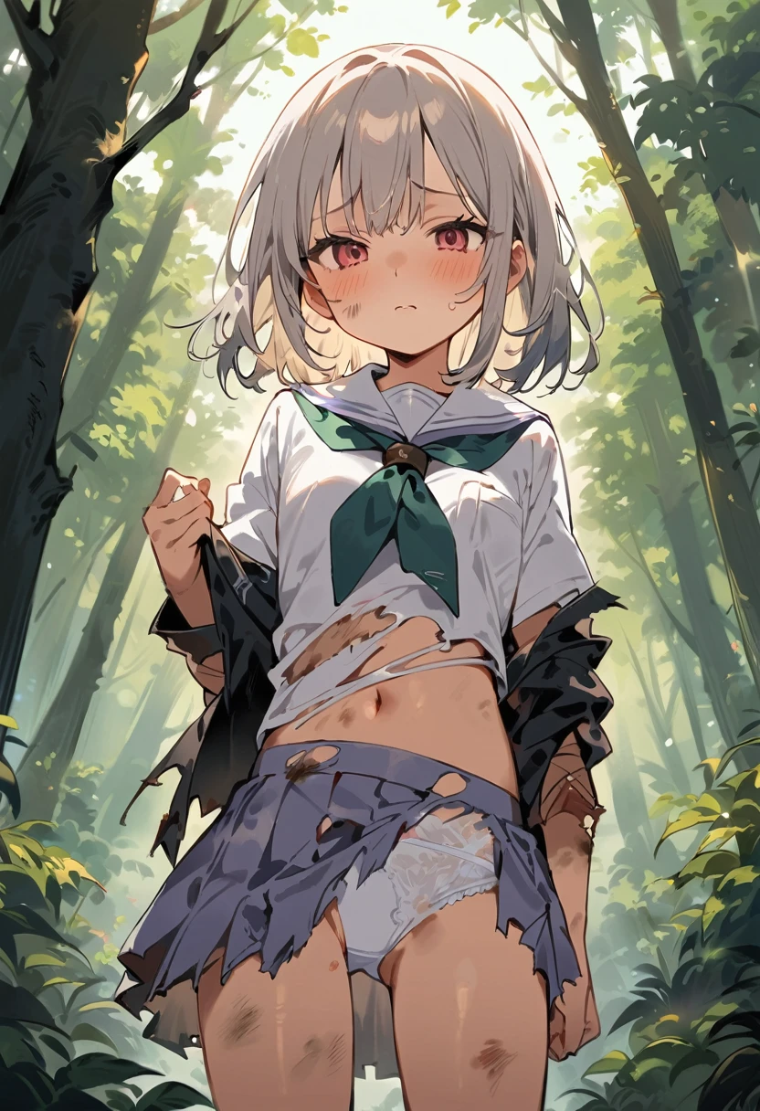 beautiful detailed girl,(masterpiece,best quality,extremely detailed:1.2),((cowboy shot:1.1)),(solo,,kawaii,slender,small breasts:1.25),(pained look:0.8),((white underwear) in ((Torn school uniform)):2),(dirty:2),blush,shy,weep,standing,(deep forest:1.5),(hug:0.4),rating: general, newest,Sexy face,(primitive:1.1)