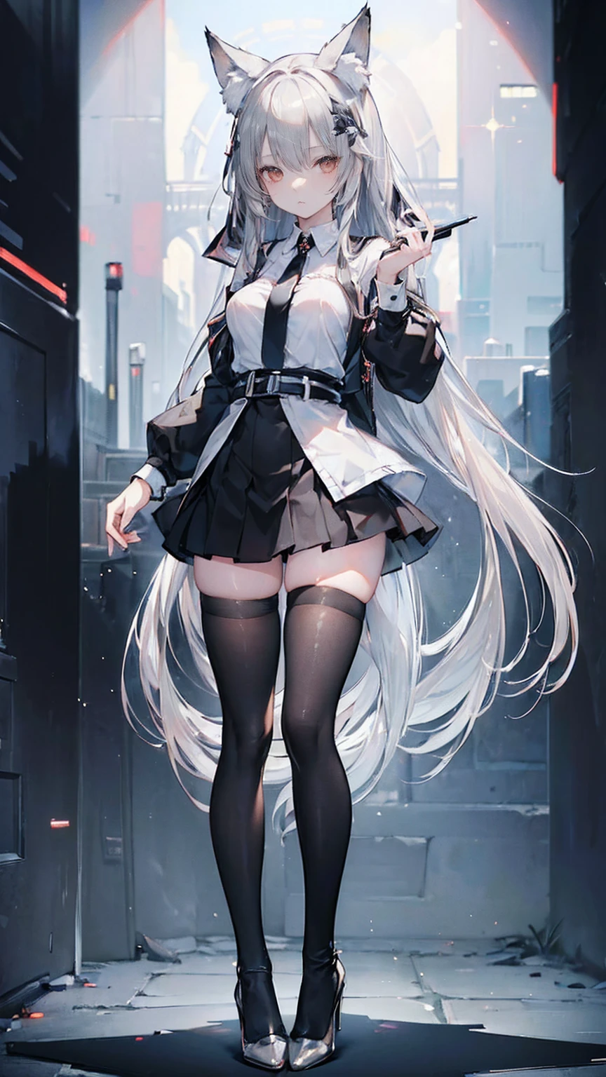 (masterpiece, best quality:1.4), solo focus, (full body:1.2), (medium breasts:1.2), very long hair, (black thighhighs:1.3), (silver hair:1.4), high heels, perfect anatomy, microskirt, fox ears, open shirt,