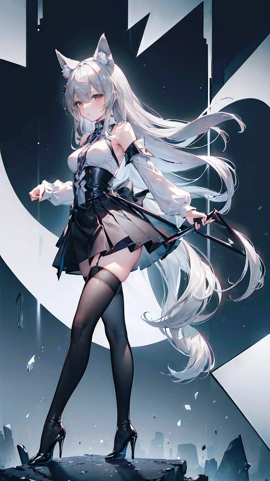 (masterpiece, best quality:1.4), solo focus, (full body:1.2), (medium breasts:1.2), very long hair, (black thighhighs:1.3), (silver hair:1.4), high heels, perfect ???????, microskirt, fox ears, open shirt,