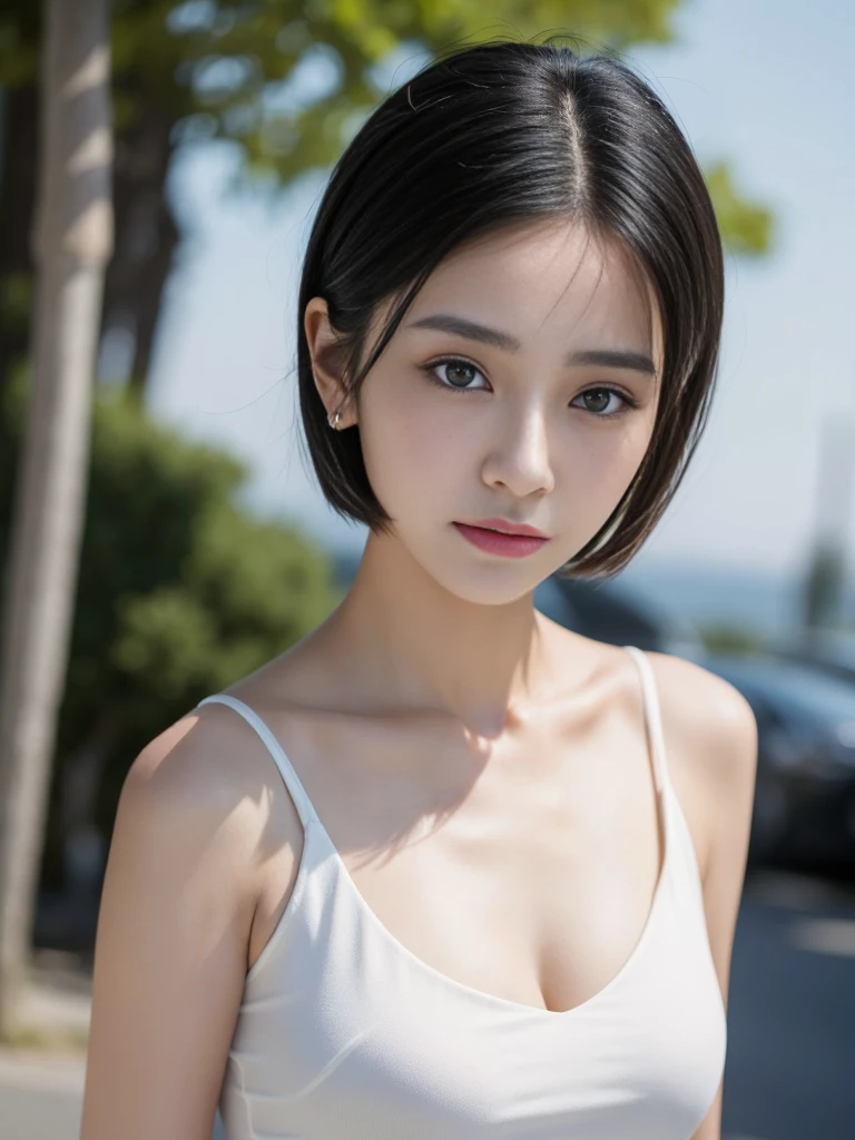 Close-up of a woman wearing a white top and black hair, Image by Ni Tian, shutter, realism, short hair, Beautiful young Korean woman, Korean actress, Dilraba Dilmurat, Fashion model's smiling face, Lee Ji-eun, Lee Ji-eun, Young and beautiful Korean woman, Popular Korean makeup, Young and cute Korean face