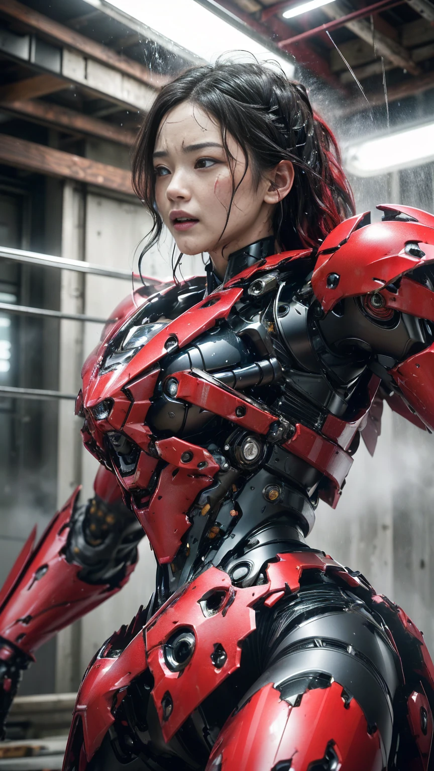 Rough skin, Very detailed, Advanced Details, high quality, 最high quality, High resolution, 1080P 、、Red Armor、Wearing red and black、cute((During a break))(破損したwoman用ロボットスーツを着用...)(Red Armor)(Broken Armor)Black Hair、、Soaking wet、Soaked Face　　Beautiful Face、Hot look　knock down、よだれing from the mouth、woman　(Steam coming out of the face) ((Steam from the body)) 　Filming location　I can see the vagina　Release Schedule　look up　Remove headgear　