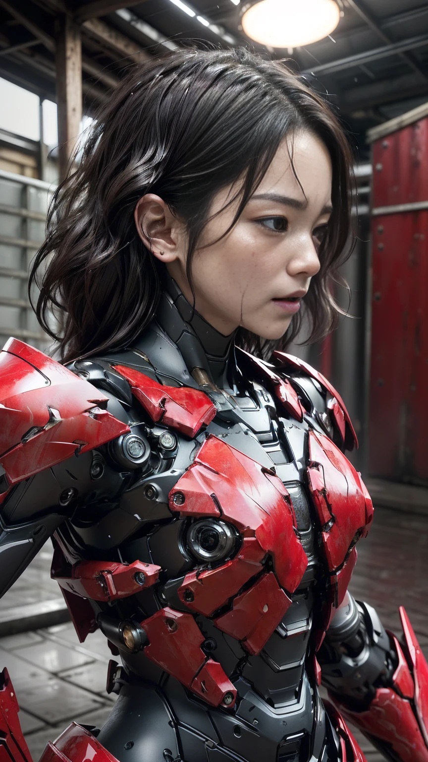 Rough skin, Very detailed, Advanced Details, high quality, 最high quality, High resolution, 1080P 、、Red Armor、Wearing red and black、cute((During a break))(破損したwoman用ロボットスーツを着用...)(Red Armor)(Broken Armor)Black Hair、、Soaking wet、Soaked Face　　Beautiful Face、Hot look　knock down、よだれing from the mouth、woman　(Steam coming out of the face) ((Steam from the body)) 　Filming location　I can see the vagina　Release Schedule　look up　Remove headgear　