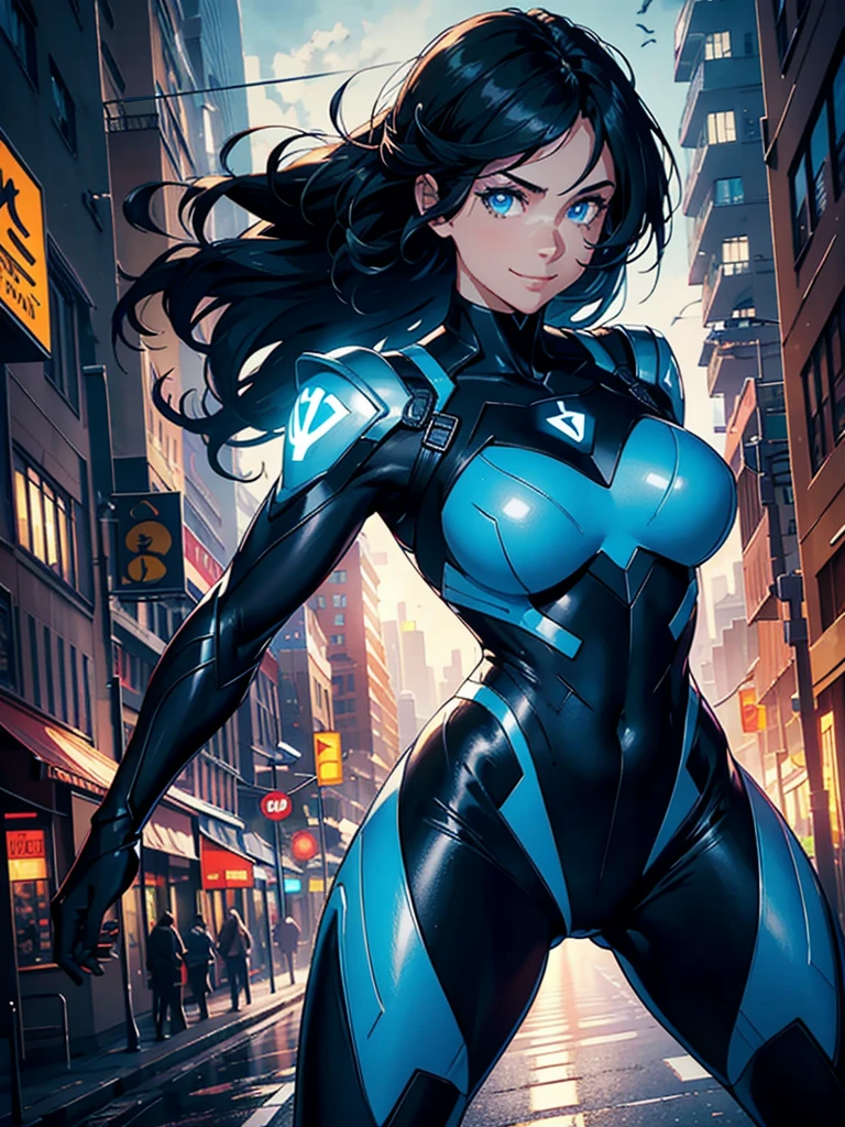 16K, HDR,UHD, RTX, ray tracing, chiaroscuro, best quality, masterpiece, ethereal, perfect illustration, digital artwork, trending on artstation, jaw-dropping perfection, ultra realistic, textured amazing lighting effects, perfect shadows, WLOP, 1girl, beautiful mature edgy woman in a cool long jacket and black pants, superhero suit, stomach covered by clothing, shoulder-length hair, shoulder-length hair, wavy hair, black hair, highly detailed glowing blue eyes, glowing eyes, blue eyes, beautiful glowy blue eyes, detailed eyes, beautiful face, perfect anatomy, broad shoulders, strong upper-body, modern city, city, beautiful weather, stunning sunshine, sunny, daylight, sunlight, modern, nature, daytime, superhero, uplifting, heroic, heroic pose, smiling, smiling at camera, athletic, hands near hips, glowy eyes, daytime, black and blue superhero suit, metal shoulder-pads, summertime, radiant sunlight, beautiful cityscape, hair blowing in wind, manly shoulders, big smile, wide smile, happy eyes, joyful, smiling with teeth, very tall, wide shoulders