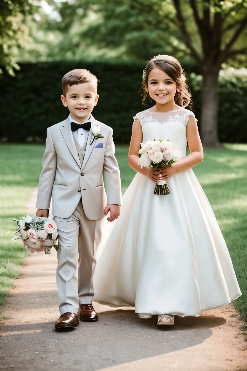 A little girl in a wedding dress and a little boy in a suit serve as flower girls