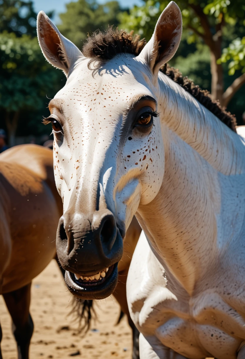 African woman on a white horse, Super resolution AMD FidelityFX 3, shiny effects, extreme detailed texture, shot with Canon EOS 5D Mark IV.