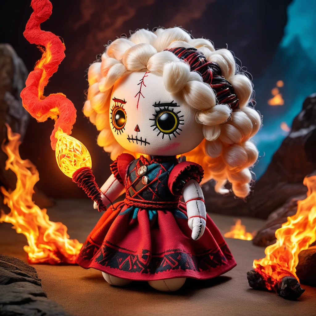 (knitted toy voodoo doll:1.9), (Voodoo Daenerys Targaryen:1.3), (Clothing: royal outfit with glowing dragon symbols:1.0), (Accessories: enchanted dragon egg emitting sparks of fire magic, levitating spectral dragons:1.1), (background: fiery landscape with floating embers, glowing volcanoes, and spectral scales:1.2), best quality, masterpiece, detailed soft oil painting, detailed background, dramatic cinematic lighting, soft edge lighting, professional, dramatic lighting, hard edge lighting, ultra quality, 4k, masterpiece, best quality, 8k, ultra high definition, high resolution, extremely detailed
