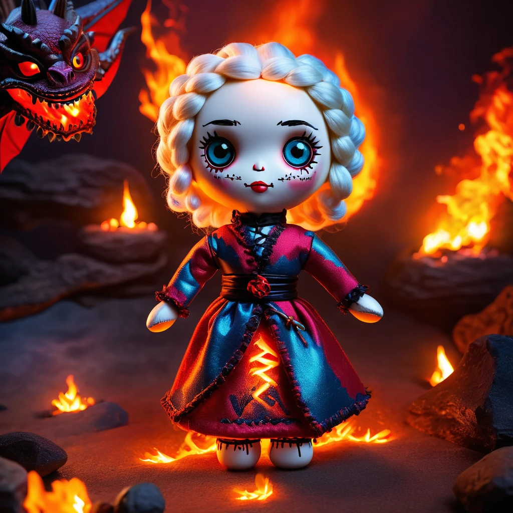 (knitted toy voodoo doll:1.9), (Voodoo Daenerys Targaryen:1.3), (Clothing: royal outfit with glowing dragon symbols:1.0), (Accessories: enchanted dragon egg emitting sparks of fire magic, levitating spectral dragons:1.1), (background: fiery landscape with floating embers, glowing volcanoes, and spectral scales:1.2), best quality, masterpiece, detailed soft oil painting, detailed background, dramatic cinematic lighting, soft edge lighting, professional, dramatic lighting, hard edge lighting, ultra quality, 4k, masterpiece, best quality, 8k, ultra high definition, high resolution, extremely detailed