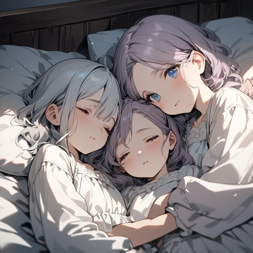 (Cute two girls:1.5),
(masterpiece:1.3), anime visual, (tilt head:1.3), extremely delicate face, realistic lighting and shading, (an extremely delicate and beautiful art:1.3), (muted colors:1.1), The sisters are sleeping in the same bed, the white-haired and blue eyes older sister is sleeping on her back, the lavender-haired, green-eyed younger sister is smiling with her pillow on her older sister's chest.