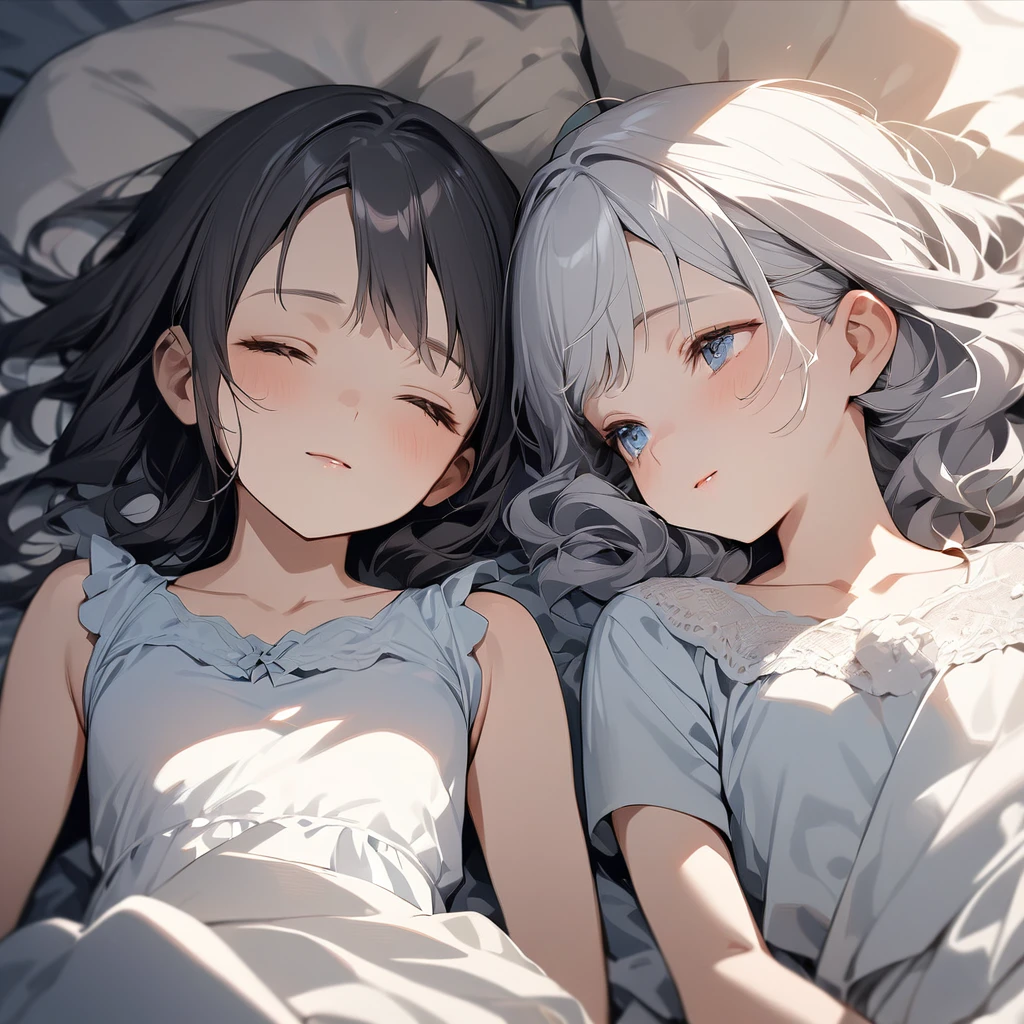 (Cute two girls:1.5),
(masterpiece:1.3), anime visual, (tilt head:1.3), extremely delicate face, realistic lighting and shading, (an extremely delicate and beautiful art:1.3), (muted colors:1.1), The sisters are sleeping in the same bed, the white-haired and blue eyes older sister is sleeping on her back, the lavender-haired, green-eyed younger sister is smiling with her pillow on her older sister's chest.