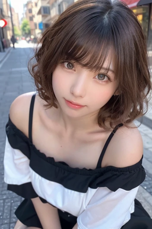 One Girl, (Beautiful girl, Delicate girl:1.3), (s old:1.3),
break, (Off the shoulder, one piece, Frills:1.2), skirt,
break, (Street Snap:1.2),
break, Very beautiful eyes, (Symmetrical eyes:1.3),
break, Small breasts, Brown eyes, Parted bangs, Brown Hair, (Curly Hair:1.2), (Upper teeth, The best smile:0.2),
break, (Eye and facial details:1.0),
break, (masterpiece, Highest quality, Super detailed, Detailed face, 8K)、((Big Tits))