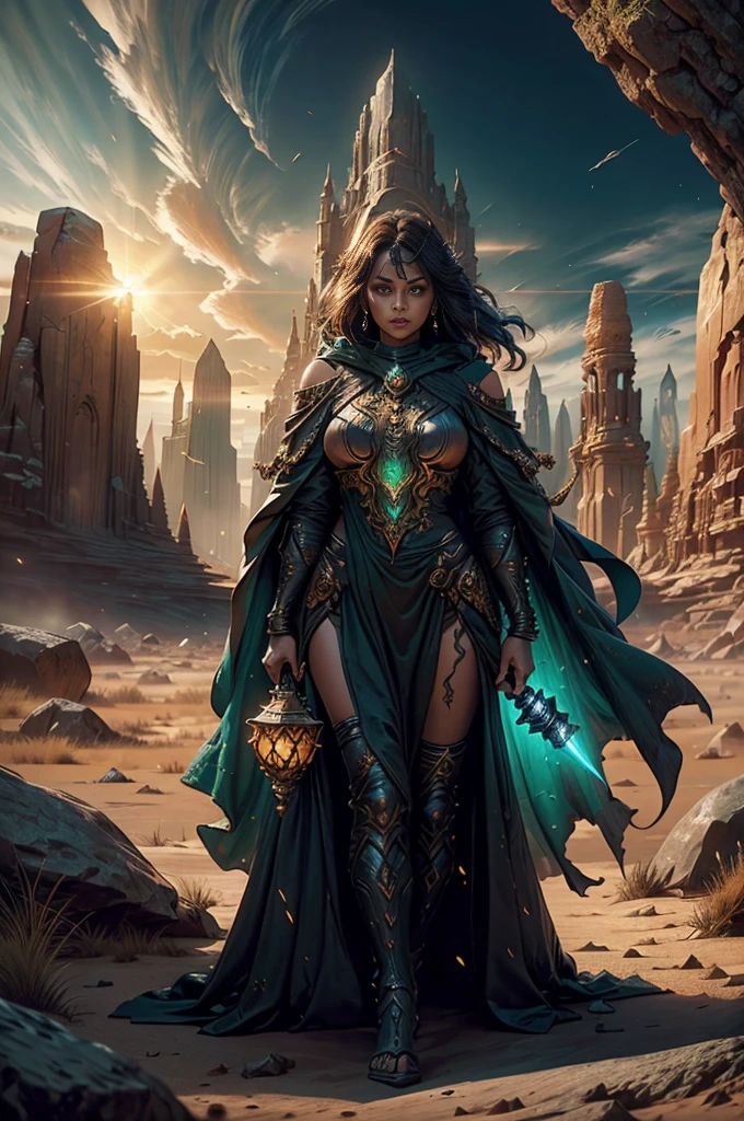 (Massive fel gateway):1.3, churning emerald energies, (eroded rectangular stone frame):1.2, glowing fel sigils, (twin hooded sentinel statues):1.2, intricate stone-carved robe details, imposing sword blades, (scorching Outland desert):1.2, red rock formations, shimmering mirages, floating debris, dramatic sunset lighting, lens flares, ultra-detailed rock textures, global illumination, subsurface scattering, physically based rendering