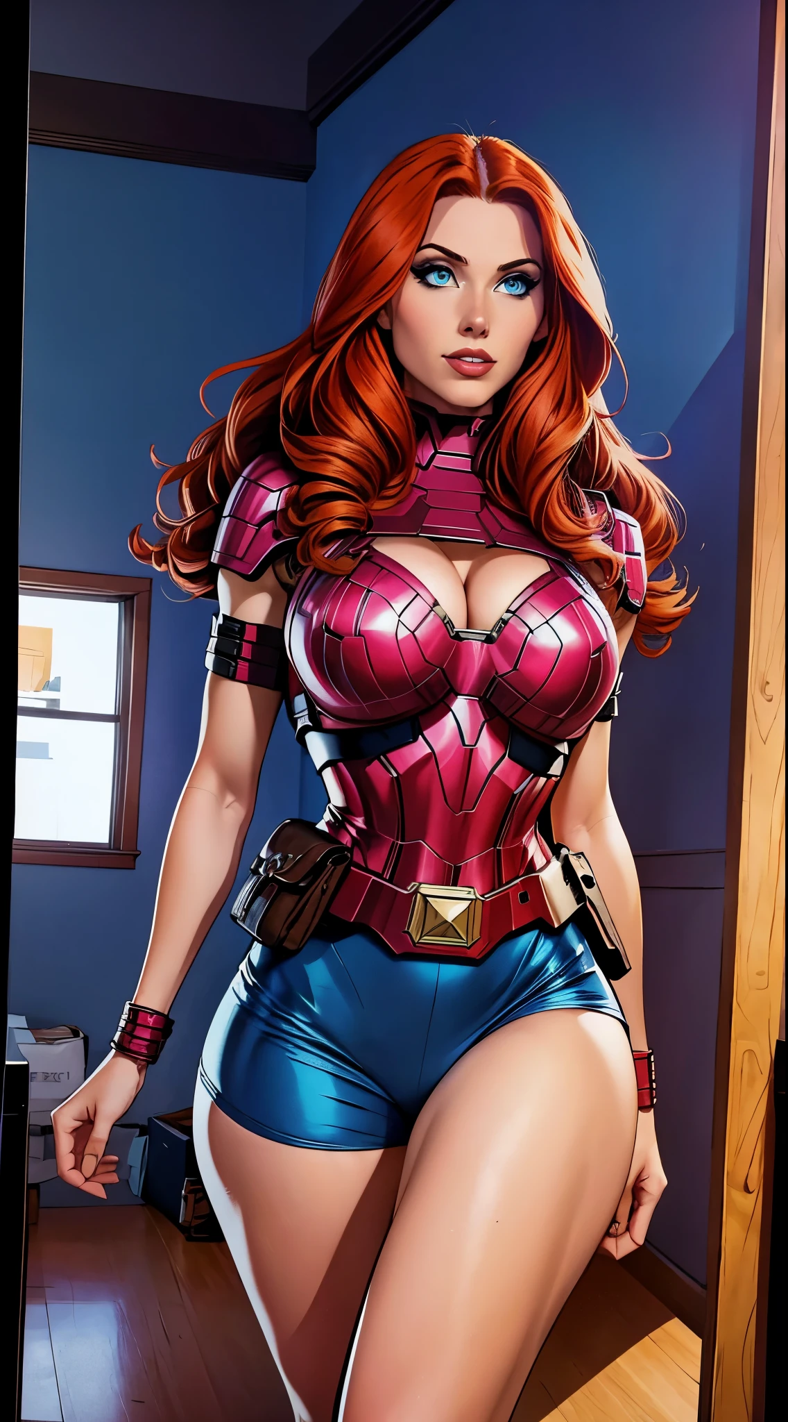 .21 year old woman , long straight red hair, bright and expressive blue eyes, she opted for a pink military outfit. loot, busty. comic style. quadrinhos da marvel. bag packaging