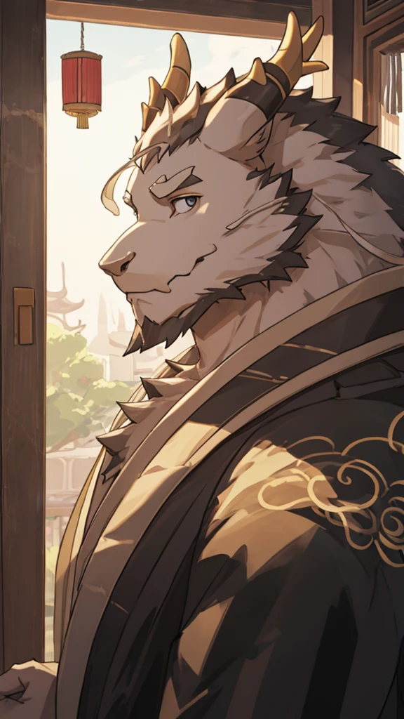 (white eastern dragon),furry,white mustache,big pecs,hearty males,muscular,black imperial robe,adult,traditional_chinese_room，head portrait