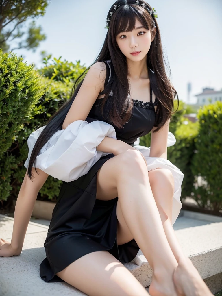 Black maid outfit、(Highest quality)、((Very detailed))、4K、(8K)、masterpiece、Very detailedな、Highest quality、Super Resolution、1 person、Kind Face、Soft Light、RAW quality、Soft Skin、163cm、Garden Terrace、Thighs、White Room