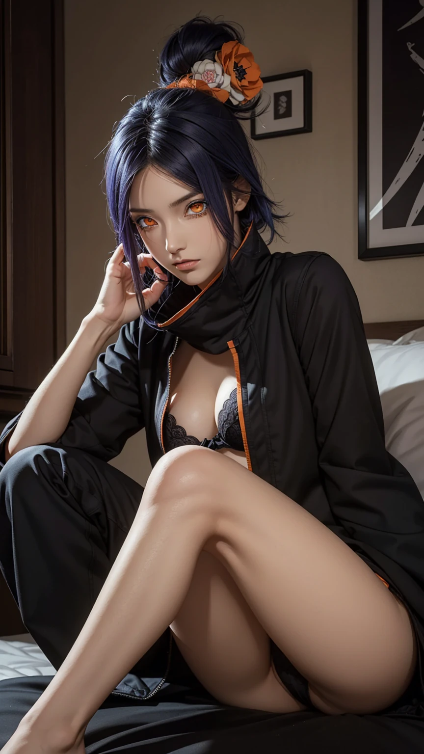 woman, woman, short hair, hair ornament, blue hair, legs , sitting on the bed , small, panties, bra, Sexual тело , underwear, Sexual , bra, panties, one flower, hair цветок, (orange eyes:1.2), (labret piercing:1.2), eyeshadow, (Akatsuki uniform:1.5), Akatsuki \(naruto\),BREAK (masterpiece:1.2), Best quality, A high resolution, unity 8k wallpaper, (illustration:0.8), (beautiful detailed eyes:1.6), very detailed face, perfect lighting, extremely detailed computer graphics, (perfect hands, Ideal Anatomy),