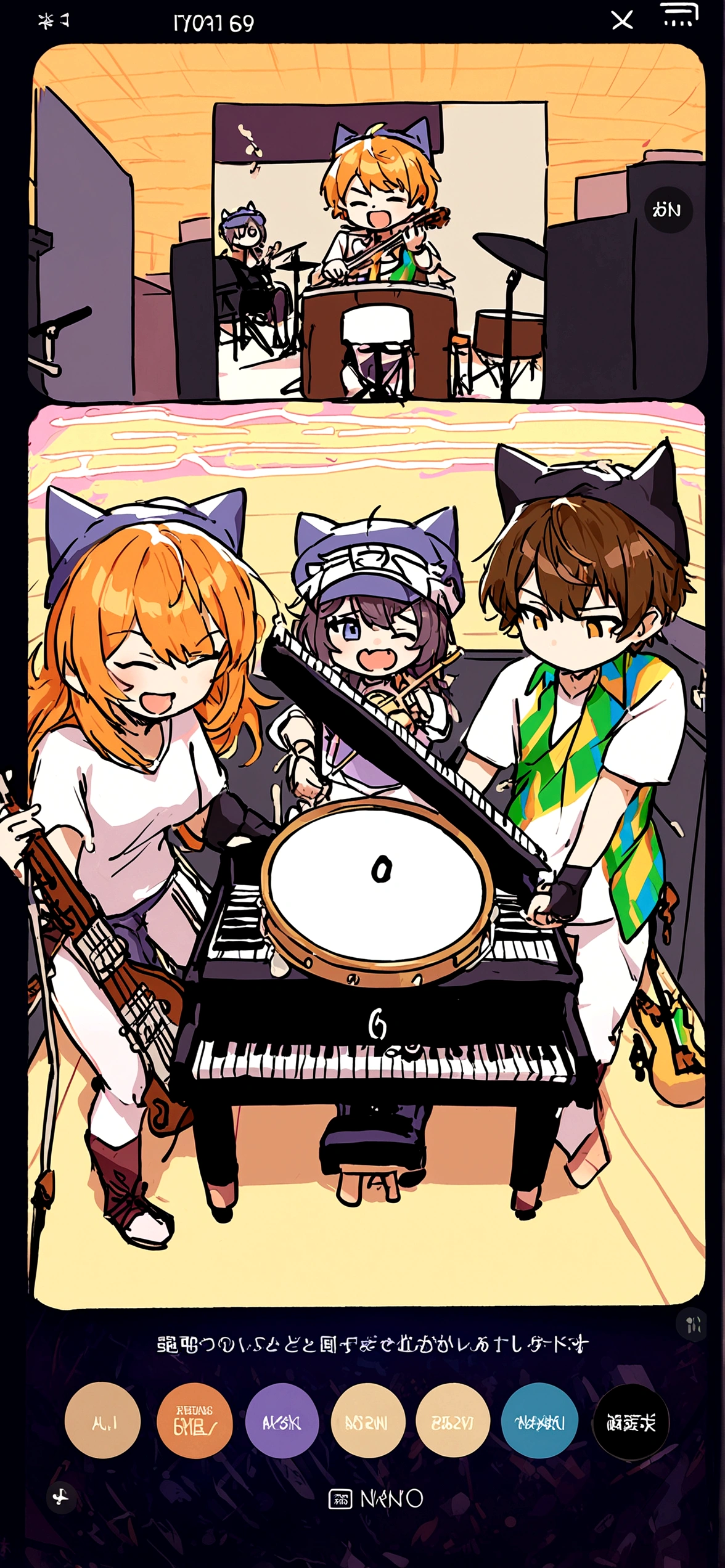3 people wearing cat hats, one playing the piano, one singing, one playing the drums