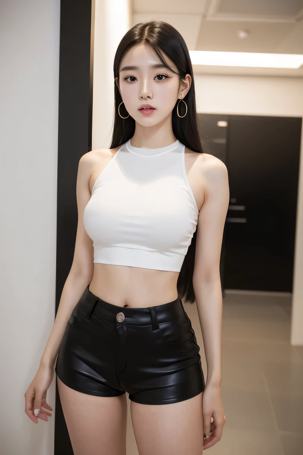 highly detailed face, 21 years old, korean girl, passionate look, long black hair, black eyes, crop top, fbt shorts, small firm breasts, earrings, light skin, full body, office, cameltoe