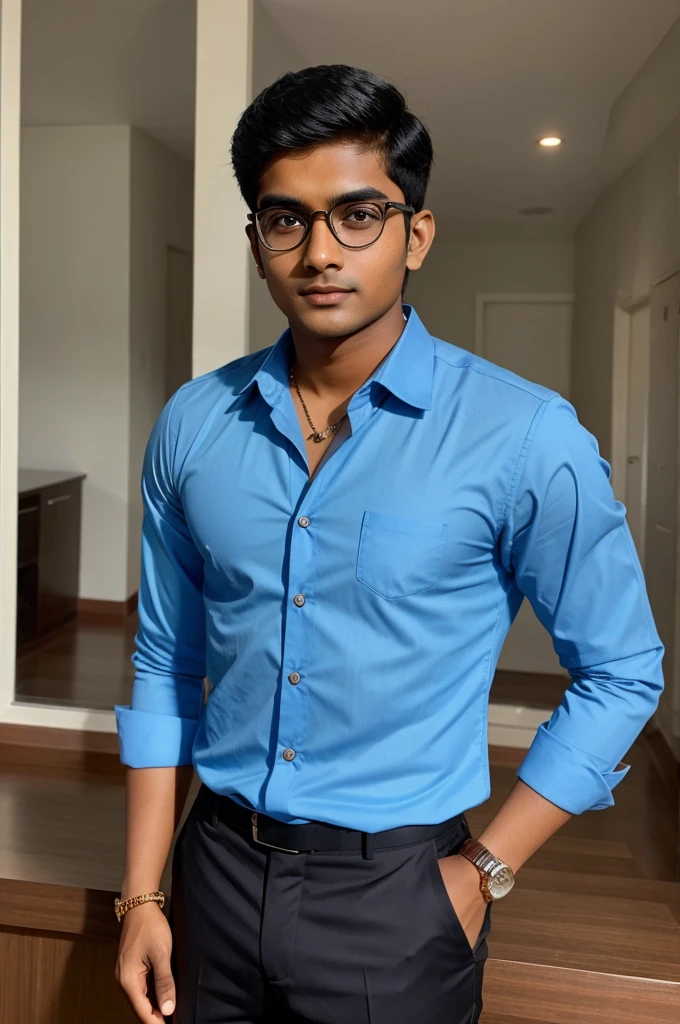 Prompt: 21 year old indian boy With fair skin Wearing spectacles and narrow body Posing for a linkedin picture in formals