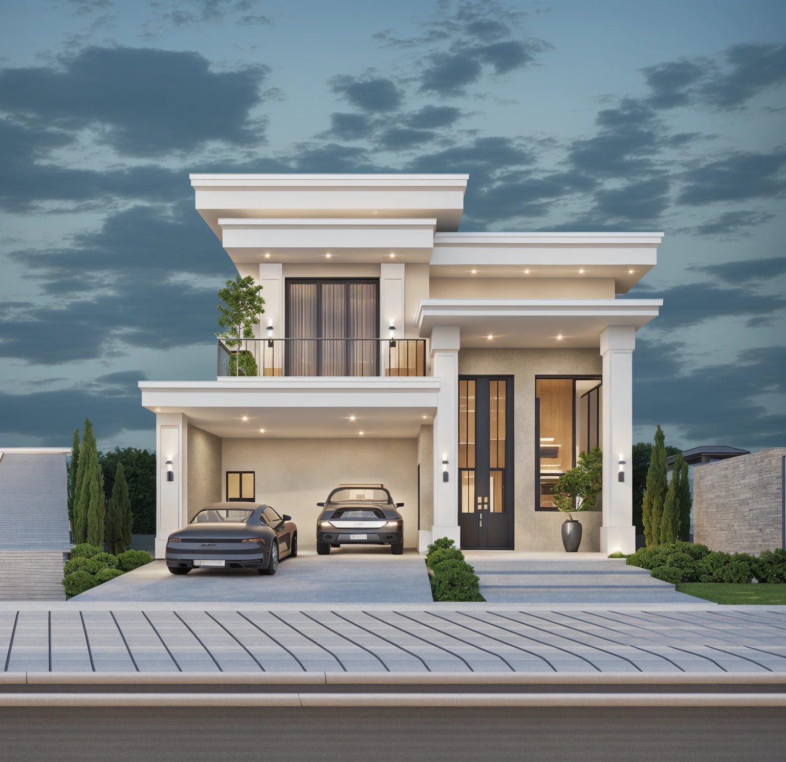 PLATFORM KTHOUSE, 1 morden villa, slope roof, main material of villa about build color wall:1.2 glass panel:1.1 and stone:1.2, 1large yard, 1 road runs in front of the house, (RAW photo, real, best quality, masterpiece:1.2), look morden minimalist, 1 road in front of the house, dynamic lighting:1.3, (hyper realistic, photo-realistic:1.2), high quality, (dark lighting:1.2), perfect lighting, archdaily, no human, light at 12 noon, light in door:1.2