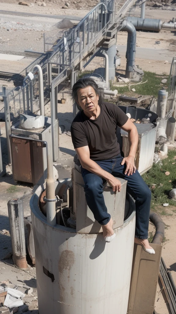 a asian old man in super mario costume outfit with long rock band hair standing in waste disposal site, night, serious face, nighttime, in pokemon movie style, hyper - realistic photography, dramatic effect, smoke effect in background, dark color grading, full body, 8k, close - up shot, extreme close - up photo