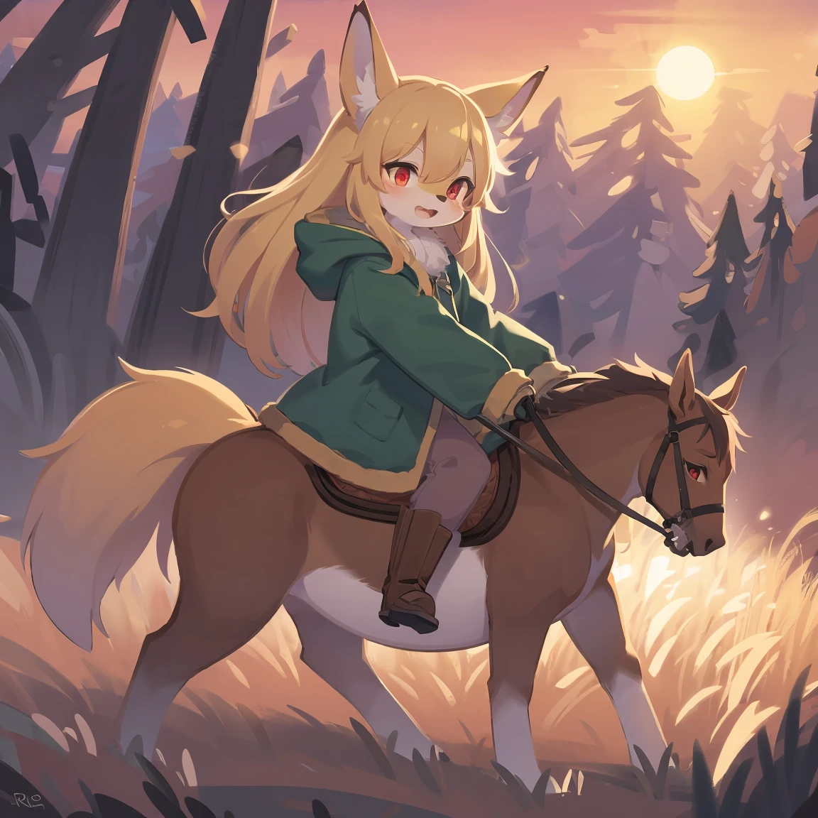 loli the fox, , was hairy, shaggy, skin fur, smooth lashes, golden fur, forelimb hands, straight long blonde hair, solid circle eyes, golden ears, golden fur, golden facial fur, shiny hair, red eyes, super cute face, 1fox tail, fluffy tail, furry tail, glowing eyes, green coat green hood down, brown trousers, riding horse, open mouth, embarrassed, ambient light, ultra-fine fur, dashed eyes, full body, masterpiece, high quality, high-details, best quality, wide short, (((solo))), twilight, sun light, red sky, rim light