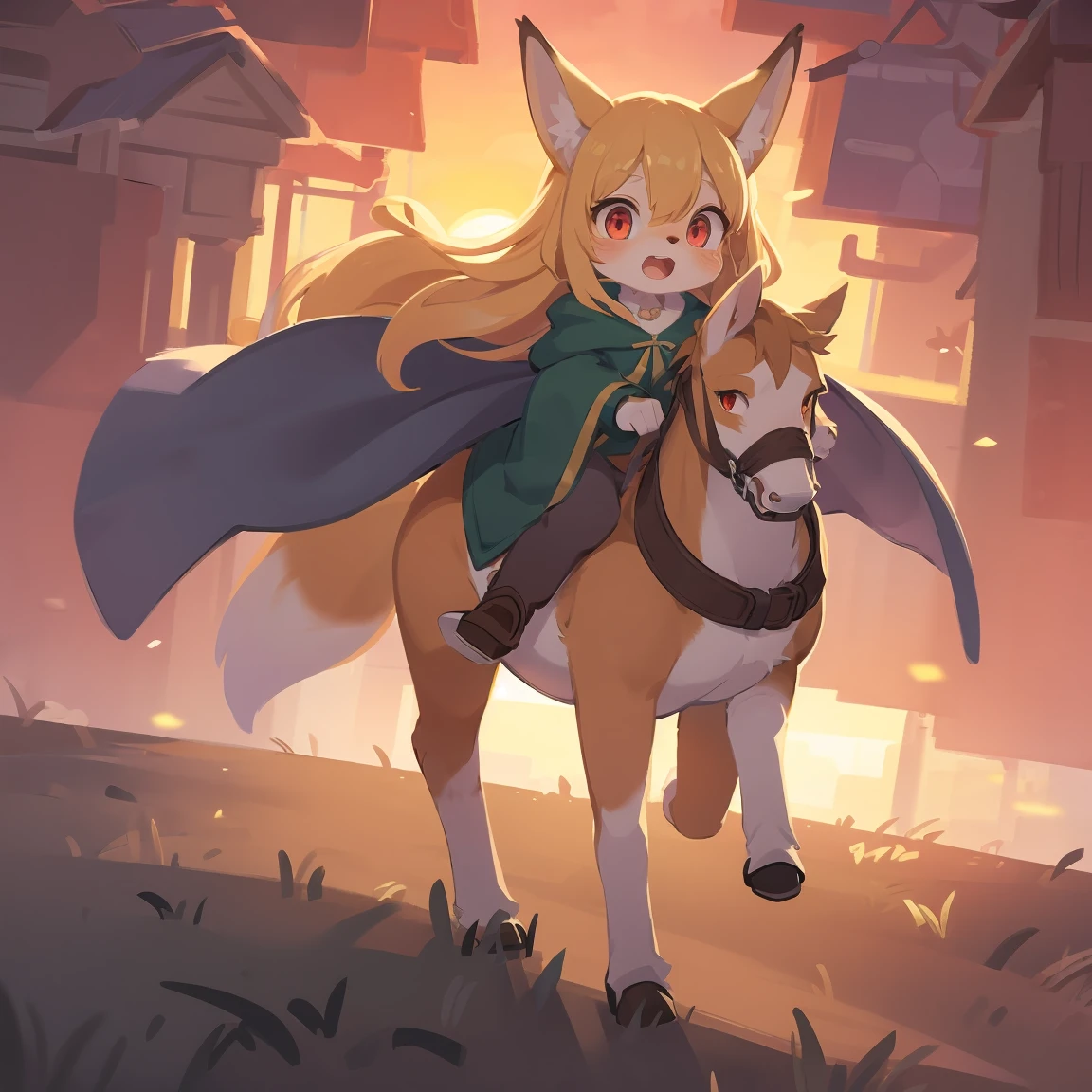the fox, , was hairy, shaggy, skin fur, smooth lashes, golden fur, forelimb hands, straight long blonde hair, solid circle eyes, golden ears, golden fur, golden facial fur, shiny hair, red eyes, super cute face, 1fox tail, fluffy tail, furry tail, glowing eyes, green coat green hood down, brown trousers, riding horse, open mouth, embarrassed, ambient light, ultra-fine fur, dashed eyes, full body, masterpiece, high quality, high-details, best quality, wide short, (((solo))), twilight, sun light, red sky, rim light