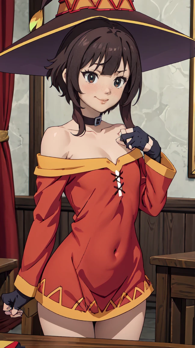 Artgerm, table, Best quality, extremely detailed, table, Best quality, Megumin, 1 girl in, bare shoulders, beautiful buttocks, стоит опершись о table, very sexy, smile, cheerful, Black e.g, black gloves, black hair, e.g, necklace, clavicle, dress, hair between eyes, It has, long sleeves, I look at the viewer, Medium hair, off shoulder dress, off the shoulders, Red dress, Red eyes, side locks, One, witch hat, in room