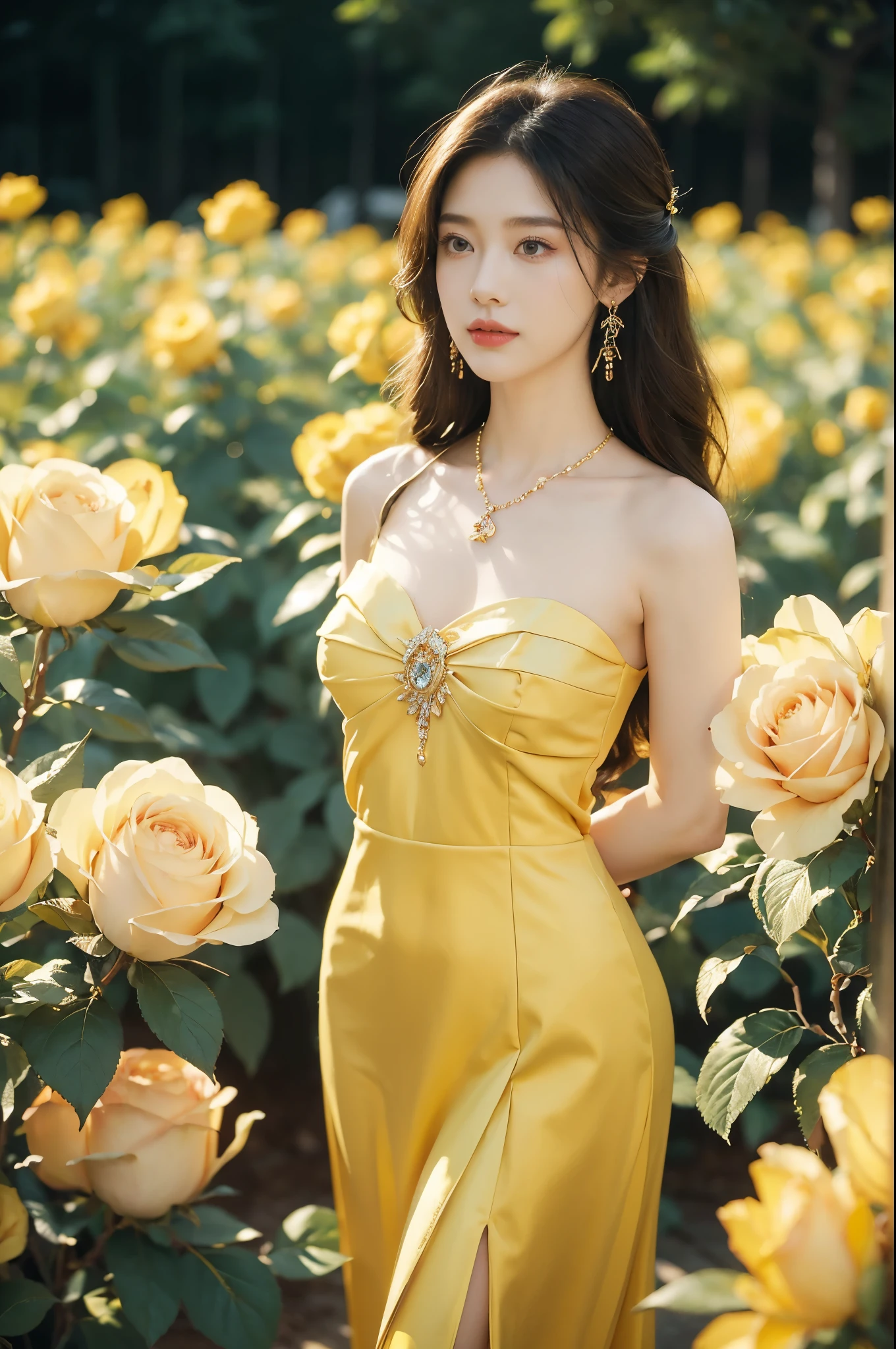 (((best quality))),(((ultra detailed))),(((masterpiece))),illustration, a stunning young girl amidst a sea of yellow roses, yellow rose petal dress,slim,thin, fair skin,shoulder length straight chestnut hair,earrings,necklace,intricate patterns, embellishments, ethereal charm, sparkling eyes, gentle smile,flat chest,small breasts, innocence and grace, yellow roses background, full bloom, fragrance of roses, enchanting presence,admiration, beauty and nature blend, striking appearance, vibrant yellow color, harmonious equilibrium,lasting impression,((standing,arms behind back)),((upper body,from front)),night scene,slender bare legs,