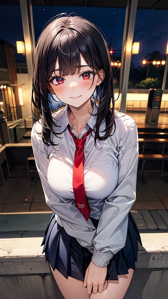(masterpiece:1.2, Top quality), (Practical, photoPractical:1.4), Nice illustration, (Natural side light, light), Not suitable for working hours,
Looking at the audience, Cowboy shooting, Front view:0.6, 1 girl, Japanese, High school girl, Perfect face, Cute and symmetrical face, Glowing skin,
(Long hair:1.2, Bob Cut:1.2, Black Hair), Pin the bangs back, Red Eyes, Long eyelashes, (Large Breasts:0.6, Thick thighs),
Beautiful hair, Pretty Face, Beautiful and delicate eyes, Beautiful clavicle, Beautiful Body, Beautiful breasts, Beautiful thighs, Beautiful legs, Beautiful fingers,
((White collar shirt, Navy Jacket, Gray pleated mini skirt, Navy blue socks, Brown loafers, Red tie)),
(Beautiful scenery), night, riverside, permanent, (Half closed eyes,Lovely smile, Upper Eye),