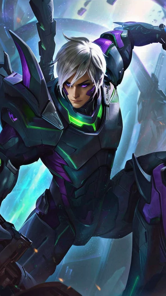 The image shows a character in a futuristic suit, with a mix of purple and black colors, surrounded by a light purple glow,Realistic.