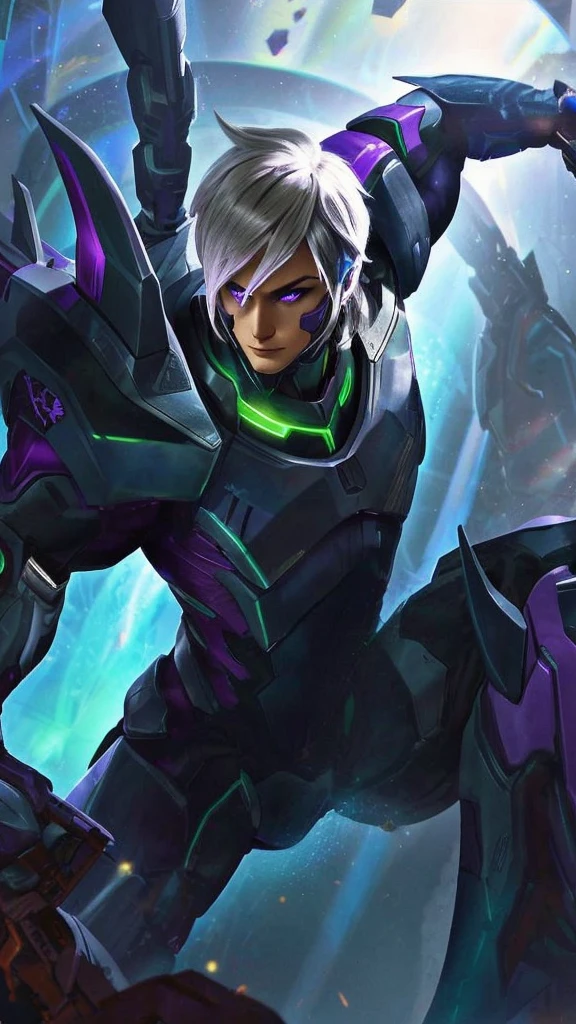 The image shows a character in a futuristic suit, with a mix of purple and black colors, surrounded by a light purple glow,Realistic.