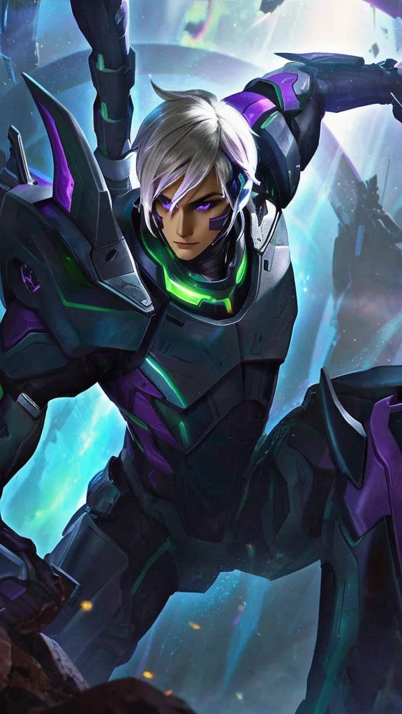 The image shows a character in a futuristic suit, with a mix of purple and black colors, surrounded by a light purple glow,Realistic.